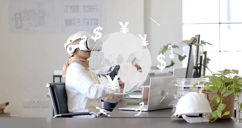 Businesswoman Using VR in Office With Digital Financial Graphics