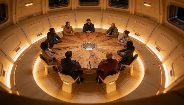 Gathering crew around circular wooden table inside futuristic spacecraft briefing module