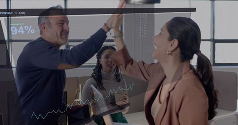 High-fiving office team celebrating data-driven win with 94% performance overlay