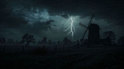 Lightning Striking Near Historic Windmill and Castle at Night