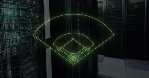 Holographic Baseball Diamond Glowing in High-Tech Data Center