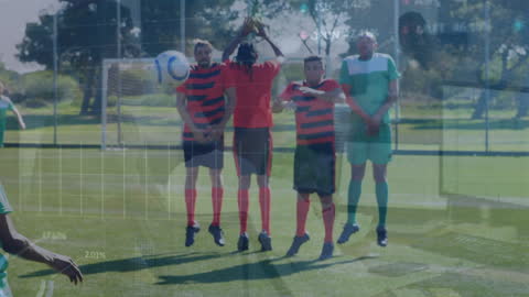 Financial Graphs Overlay on Diverse Soccer Players Training