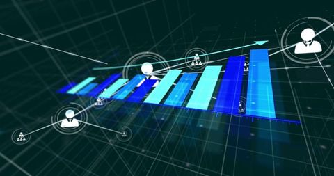 3d holographic business analytics visualizing networked avatars and rising revenue bars