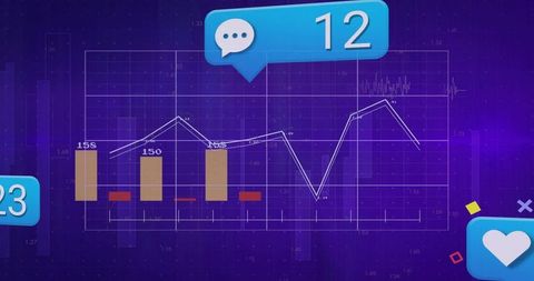 Purple analytics dashboard with white line graph, tan bars and blue notification badges