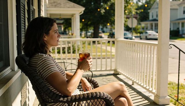 Sipping iced tea on sunny front porch relaxing on wicker chair in suburban neighborhood