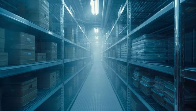 Long aisle of industrial storage facility with cardboard boxes