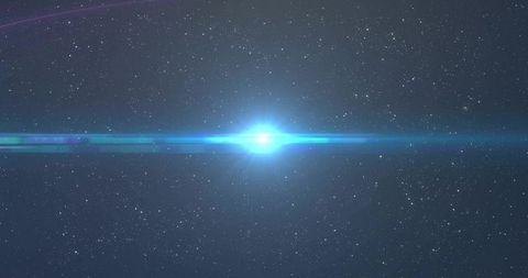 Blue-White Stellar Flare Crossing Deep Space Starfield with Cyan Lens Glare and Halo