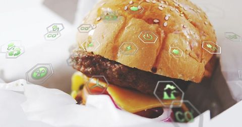 Wrapped sesame-topped cheeseburger sitting with melted cheddar and floating eco icons