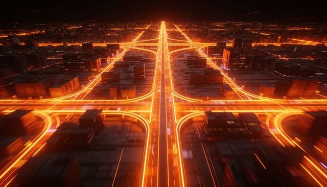 Glowing orange highway network forming futuristic night interchange with light trails