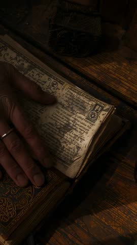 Hand Flipping Antique Manuscript Pages on Wooden Desk Top View Vertical Footage with Rope Pouch
