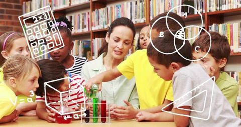 Teacher guiding diverse children conducting colorful chemistry experiment with test tubes