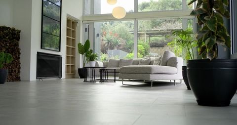 Spacious modern living room featuring l-shaped gray sectional and indoor greenery