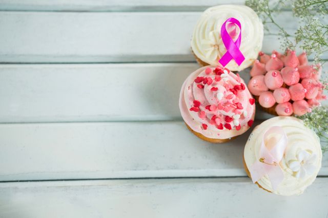 Overhead view of Breast Cancer Awareness pink ribbons on cupcakes over white wooden table