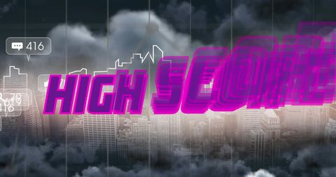 High Score Text Over Digitized Cityscape with Interactions - Download Free Stock Images Pikwizard.com