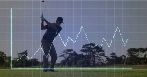 Golfer analyzing swing performance with data chart overlay