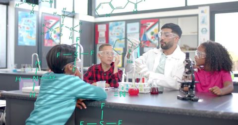 Science teacher conducting chemistry experiment with engaged students