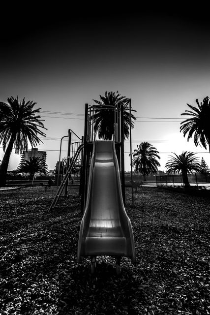 Black and White Playground Slide Under Palm Trees at Sunset - Download Free Stock Images Pikwizard.com