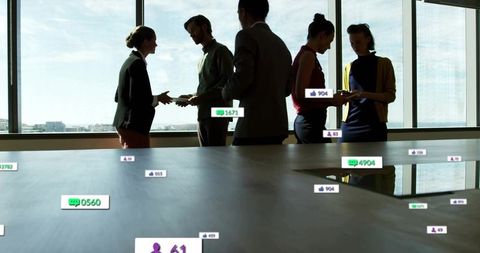 Professionals exchanging phones with floating social metrics over conference table cityscape view