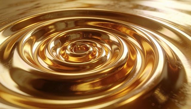 Golden spiral ripples glossy metallic concentric rings reflecting warm amber light