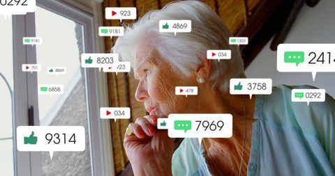 Senior Woman Reflecting with Social Media Notifications