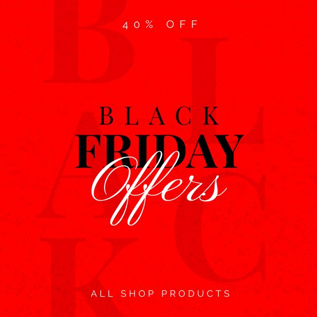 Bold Black Friday sale poster featuring red background and promotional message offers. Perfect for marketing seasonal sales, advertising special offers, and promoting discounts in retail shops, both online and offline. Ideal for use in emails, social media platforms, and store displays.