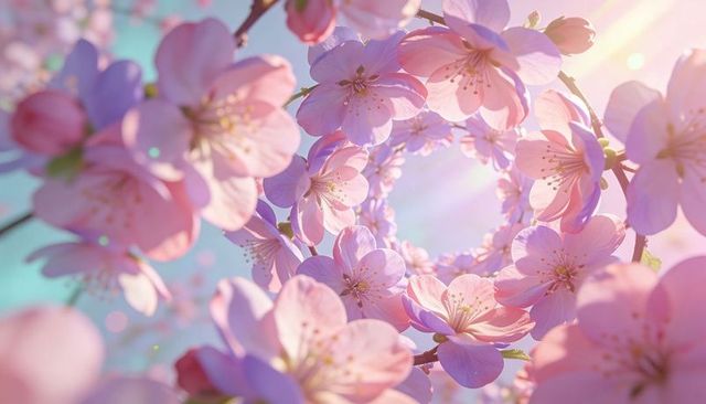Creating pink cherry blossom tunnel with soft pastel bokeh and sun flare