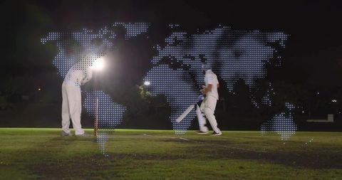 Bowling under floodlights with digital world map overlay for global cricket competition