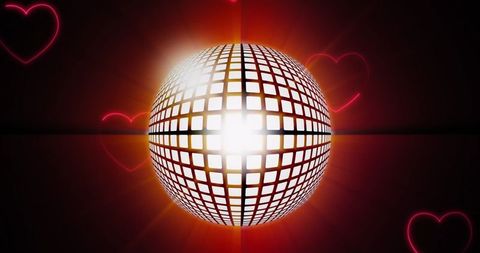 Romantic glowing hearts and radiant disco ball on black background