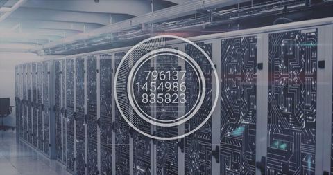 Futuristic data center with digital interface overlay and server racks