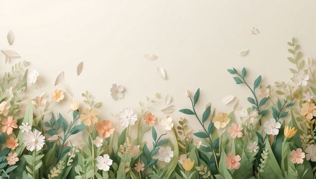 Paper-cut floral border with pastel blooms and layered leaves for spring stationery