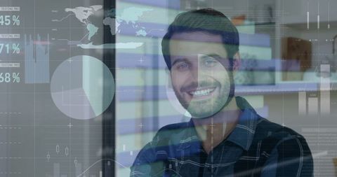 Businessman Analyzing Financial Data with Technological Overlay