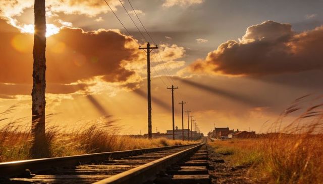Sunlit railroad tracks receding into horizon through golden fields with dramatic sunbeams
