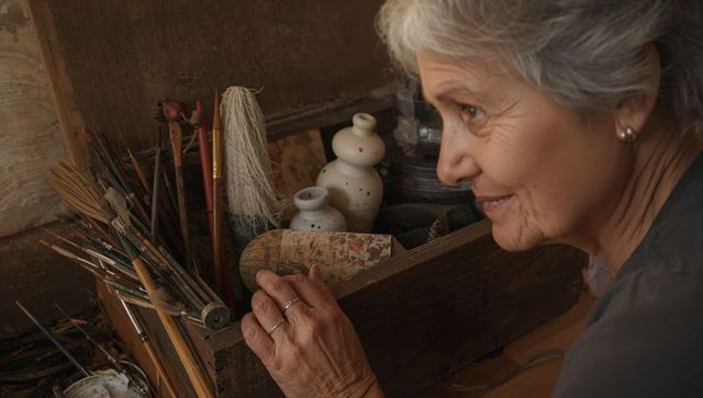 Senior woman exploring vintage art supplies in rustic wooden chest, studio portrait