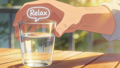 Adult male hand reaching for glass of water on sunlit balcony with relax bubble