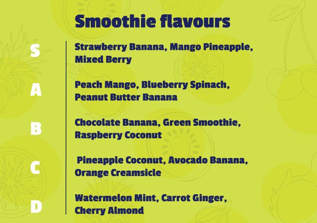 Dynamic smoothie menu template featuring a wide selection of fresh and nutritious options including Strawberry Banana, Mango Pineapple, Peach Mango, and more. Suitable for cafes, juice bars, health food establishments, and fitness centers looking to offer a variety to their customers, this vibrant design promotes healthy choices and appetizing flavors. Perfect for menu displays, marketing materials, and social media promotions. Encourages healthy lifestyles and the enjoyment of delicious, fresh ingredients.