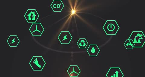 Neon Green Icons Orbit in Futuristic Environmental Network Visualization