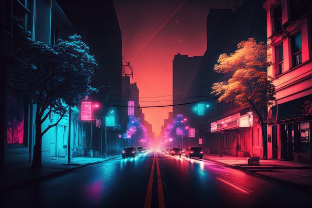 City street with trees, cars, buildings and neon lights created using generative ai technology. Cityscape, color and light concept digitally generated image.