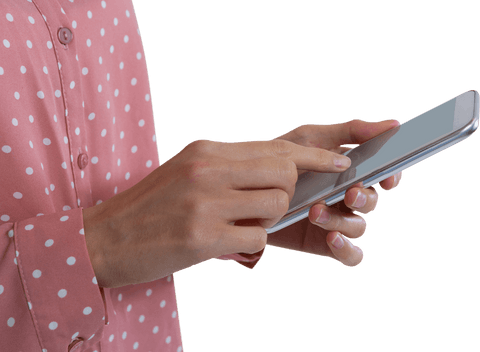 Woman's Hands Using Tablet in Polka Dot Shirt on Transparent Background - Download Free Stock Videos Pikwizard.com