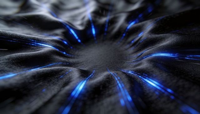 Macro luminescent black fabric folding into glowing blue fiber vortex futuristic textile
