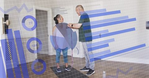 Home rehabilitation training with trainer supporting senior on mat with AR health data
