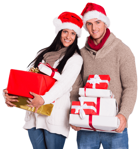 Smiling Couple Carrying Gifts with Santa Hats Transparent Background