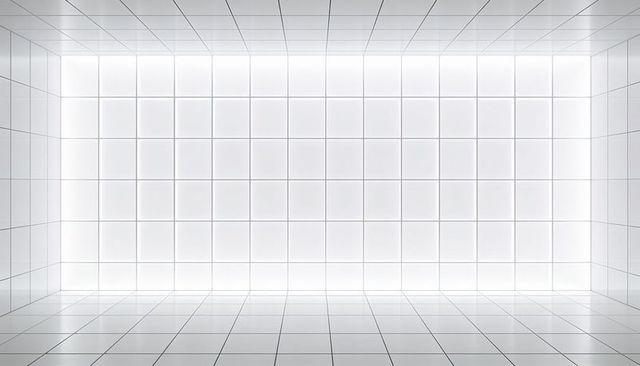 Backlit white grid wall with glossy floor reflection in minimal futuristic studio space