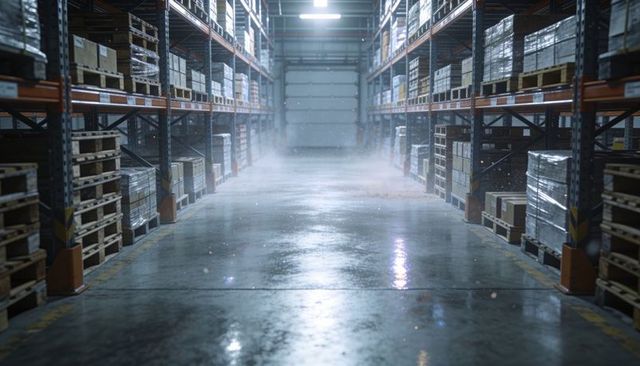 Misty warehouse aisle with pallet racks, stacked boxes and reflective wet floor