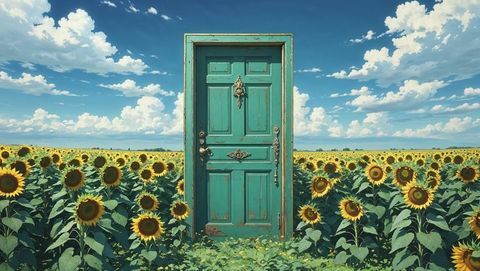 Anime teal wooden door in sunflower field with ornate knocker