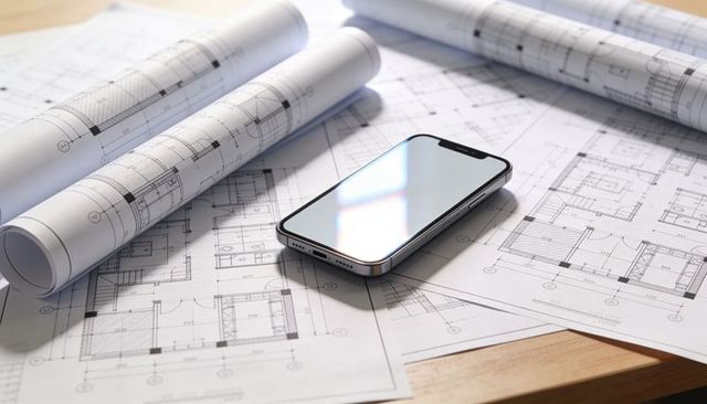 Smartphone reflecting window light on architectural blueprints with rolled plans on desk