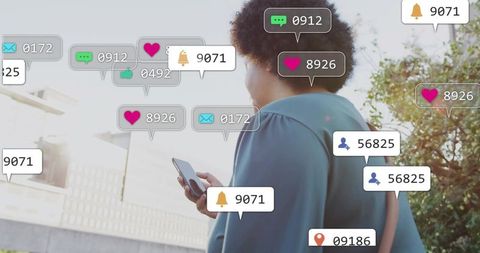 Woman Checking Smartphone with Animated Notification Bubbles