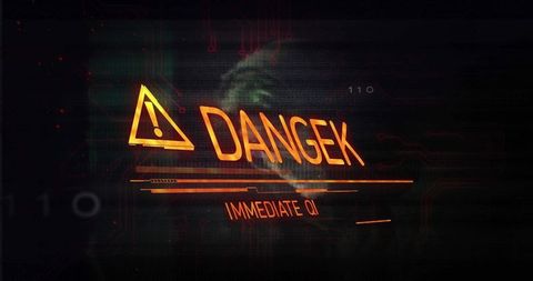 Glowing sci-fi hud warning graphic reading dangek immediate oi neon hazard tech interface