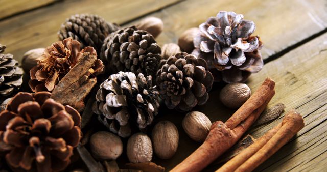 Pine cones, almonds, and cinnamon sticks are arranged on a rustic wooden surface, evoking a sense of autumn or winter warmth. These natural elements are often associated with holiday decorations and seasonal crafts.
