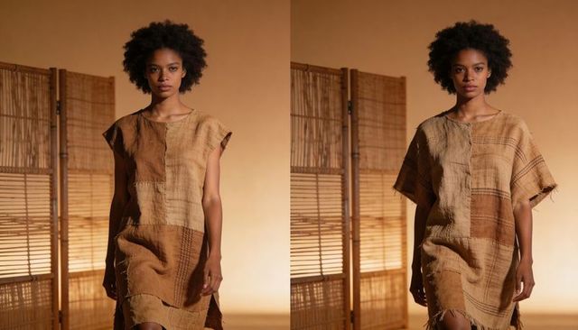 Model wearing earth-toned patchwork dress maintaining neutral gaze beside rattan screen