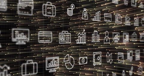 Floating finance icons visualizing data streams and digital analytics for fintech